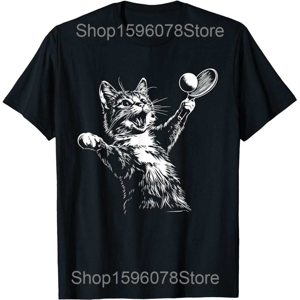 Funny Table Tennis Ping Pong Cat Graphic T Shirts Men Women Cotton Humor Streetwear Tee Shirt Short Sleeve Unisex Loose Clothing