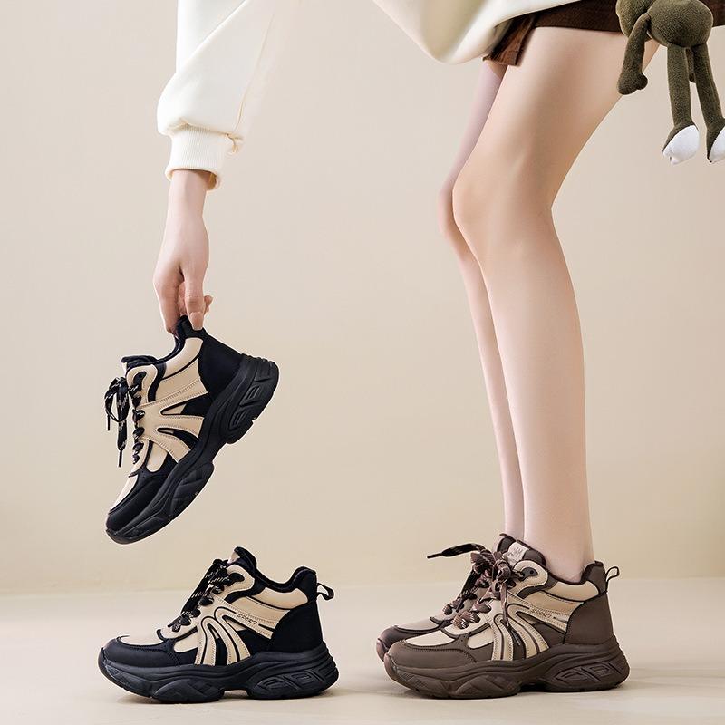 Autumn and winter new leather platform sports casual women's shoes lightweight non-slip cotton shoes velvet dad shoes women