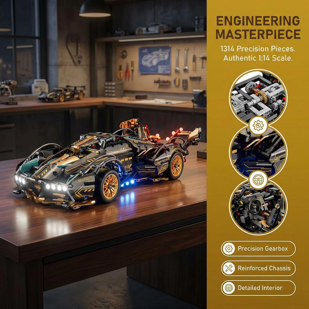 1314 Pcs Building Blocks For Adults, 1:14 Scale Racing Sports Car Model Kit Stem Creative Puzzle Toy For Boys Birthday Gift