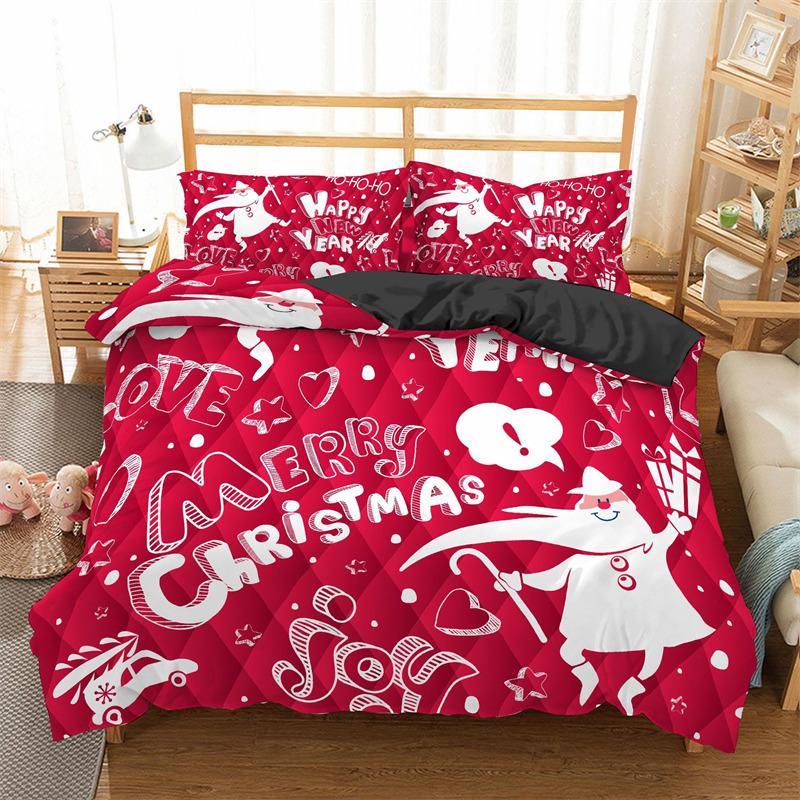 Merry Christmas Duvet Cover King For Boys Girls Microfiber Santa Claus Cute Deer Cartoon Animals Red Plaid 3D Print Bedding Set