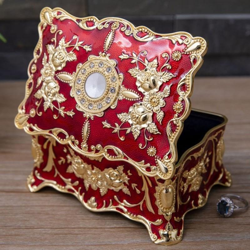 Elegant European Rose Engraved Metal Jewelry Box For Rings Necklaces Earrings With Soft Lining