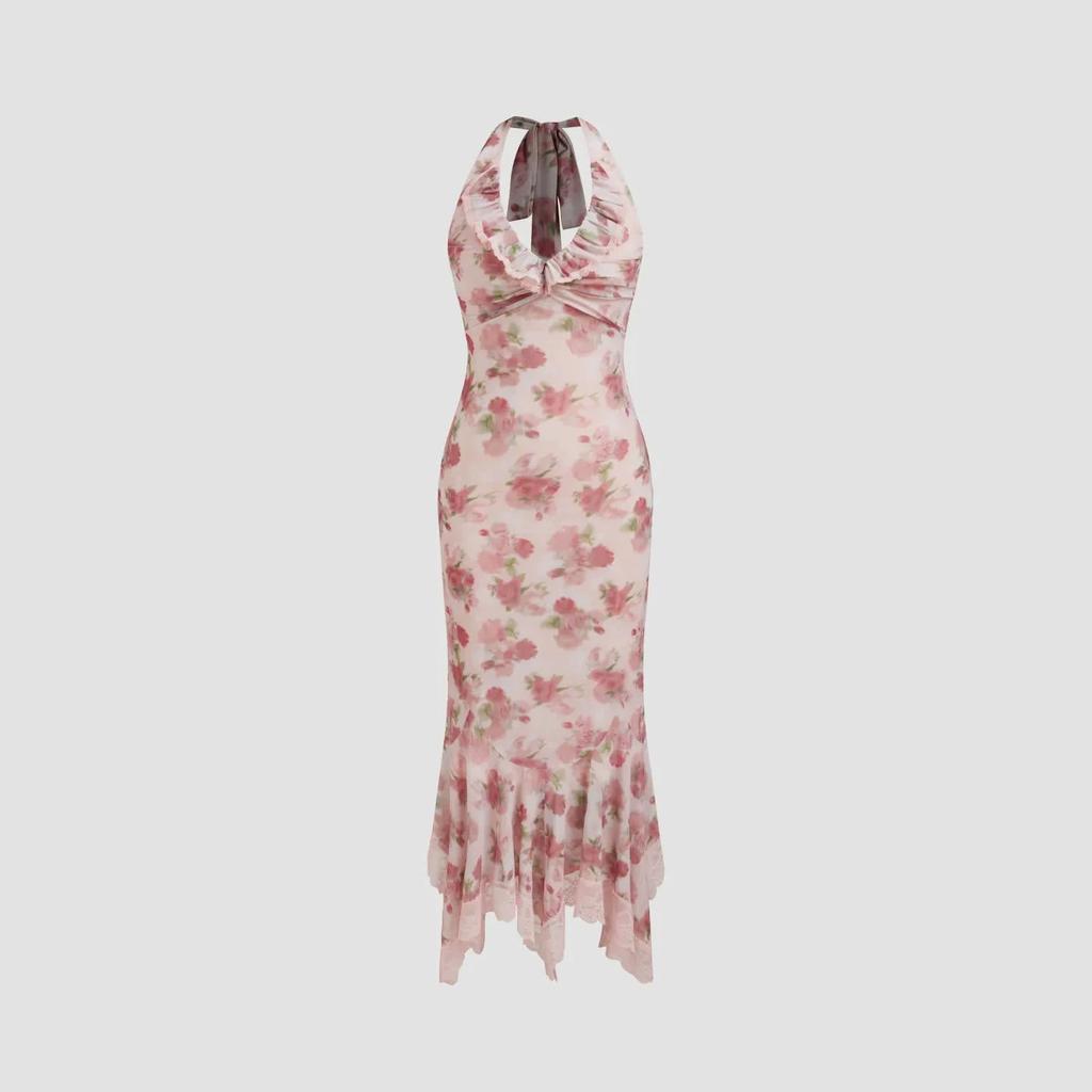 Early Summer Exquisite Neck Dress Floral Mesh Pleated Waist Fishtail Long Dress High-end Gentle Wind Dress