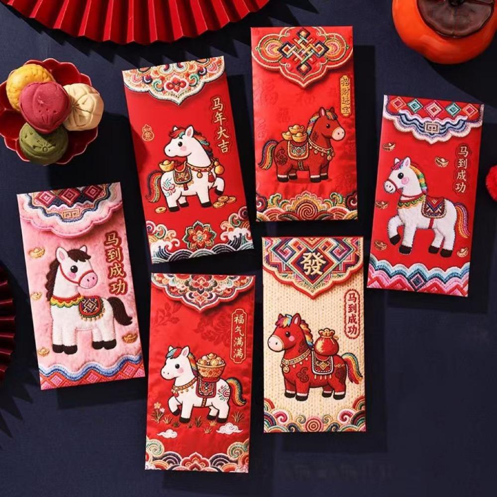 6PCS Traditional Spring Festival Red Envelope Flat Design Year of The Horse God of Wealth Red Pocket Cartoon Thickened