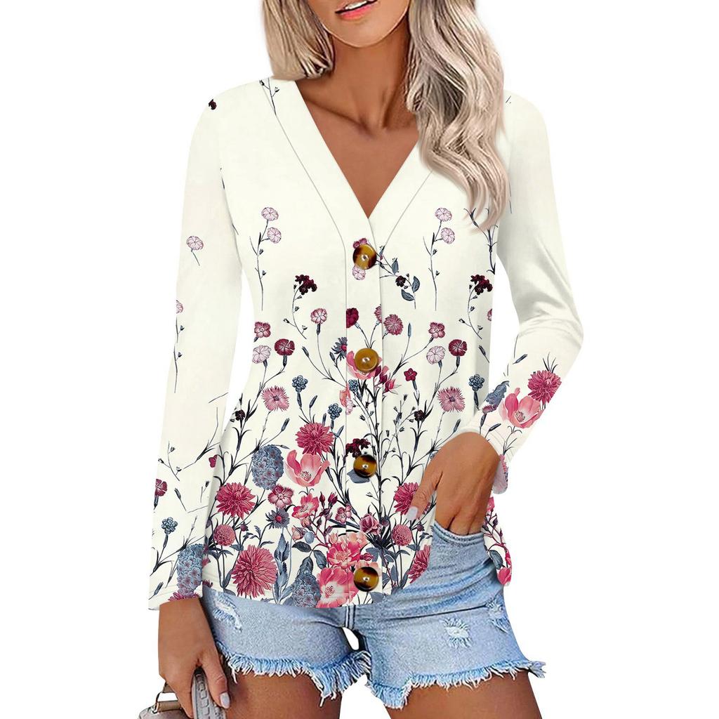 Women's Fashion Casual Print Button-down Shirt Long Sleeve Tops