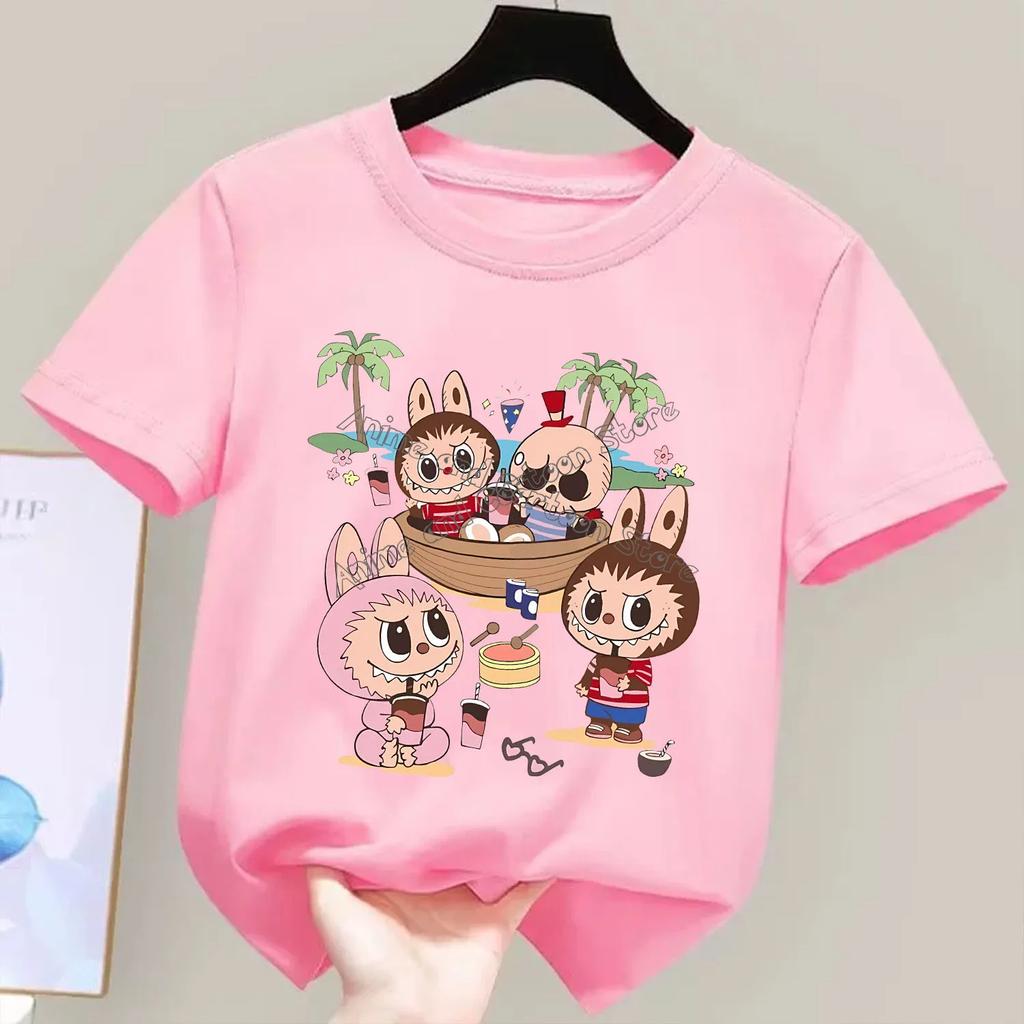 Labubu Mokoko T-shirt for Children Cartoon Round Collar Tee Top New Boys Girls Clothes Cute Short Sleeve Kids Pink Clothing Gift