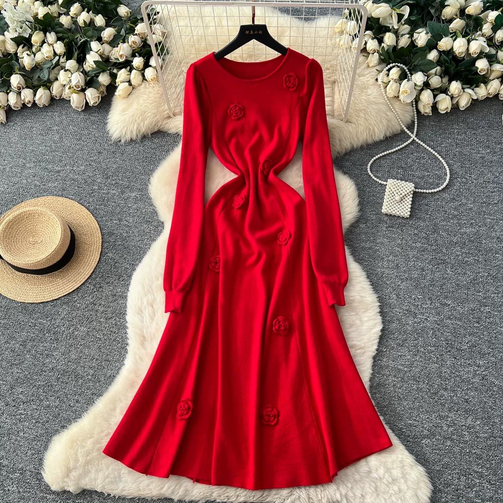 Autumn Winter Women Elegant 3D Flower Knitted Sweater Pullover Long Midi Christmas Party Dresses