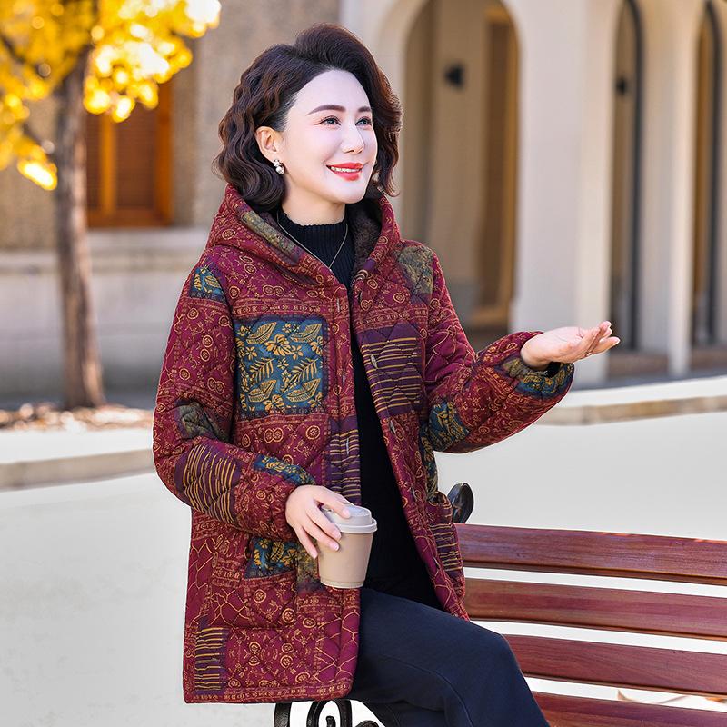 Floral Hooded Velvet Cotton Jacket for Middle-Aged & Elderly Women - Warm Winter Coat