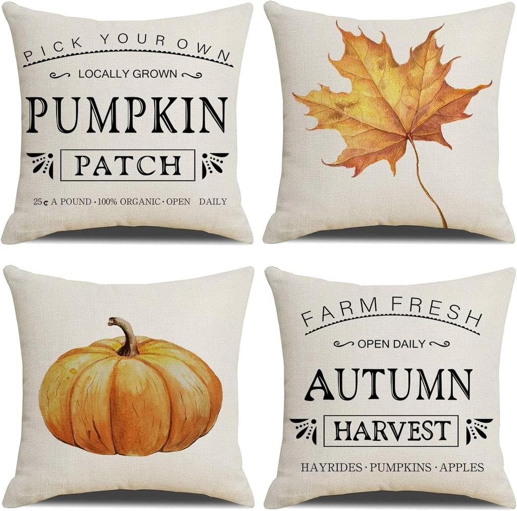 Fall Throw Pillow Covers Of 4, Watercolor Pumpkin Maple Leaf Pillows Autumn Thanksgiving Harvest Thankful Pillows Cushion Case