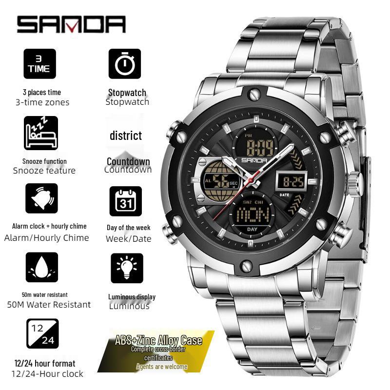 SANDA Men's Multi-Time Zone Steel Band Watch - Luminous, Waterproof, Alarm & Stopwatch Features