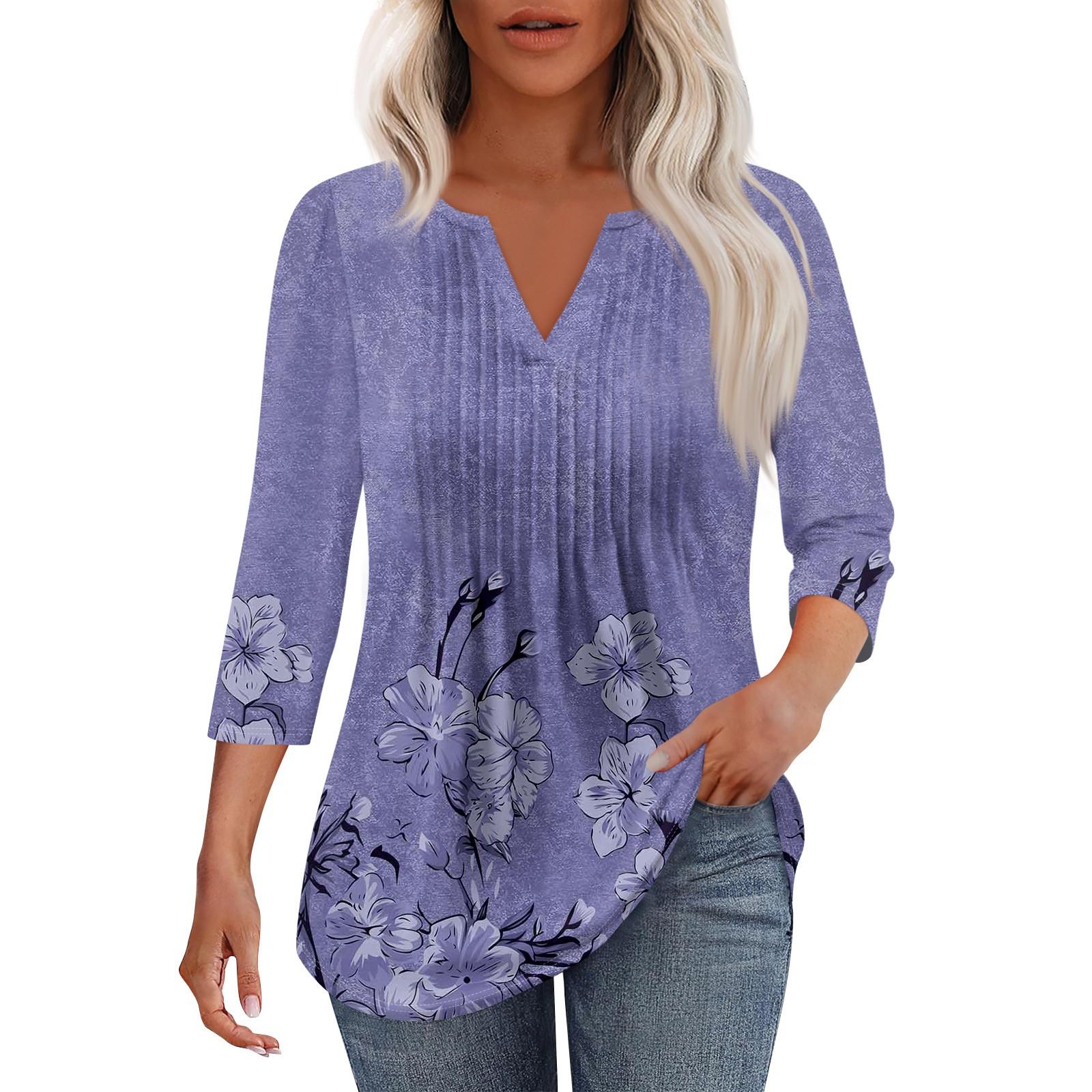 

Жіноча модна повсякденна плісирована однотонна футболка з V-подібним вирізом і рукавами сім чвертей XXL фіолетовий