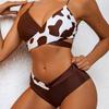 2025 Cow Print Patchwork Swimsuit Women High Waist Two- Piece Bikini Cross V-neck Bathing Suit Lace-up Backless Beach Swimwear