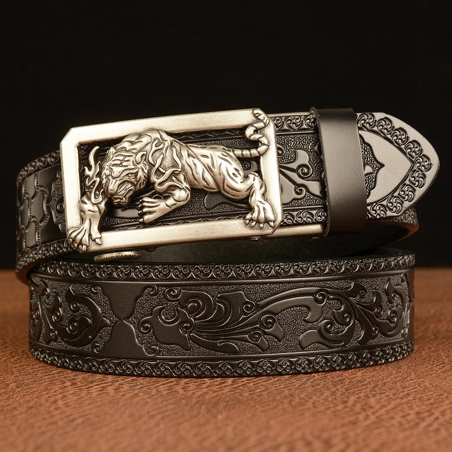 Tiger Engraved Automatic Buckle Cowhide Men's Zodiac Belt - Casual Retro Style