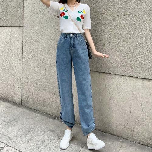 Summer Korean version ins retro high-waisted straight jeans women's small loose and thin wide-leg design trousers