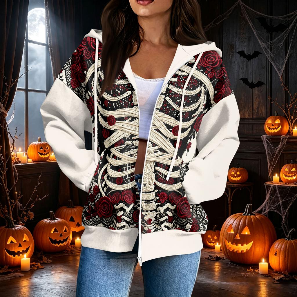 Women's Casual Long Sleeve Zip-Up Hooded Sweatshirt with Halloween Print