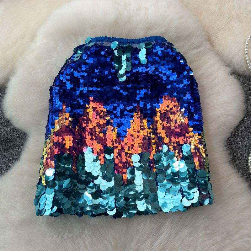 

2024 Summer New Arrival Sexy Wind Heavy Industry Sequin High Waist Bodycon Dress Graceful and Fashionable Shiny Slim Looking Short Skirt for Women Blue One size