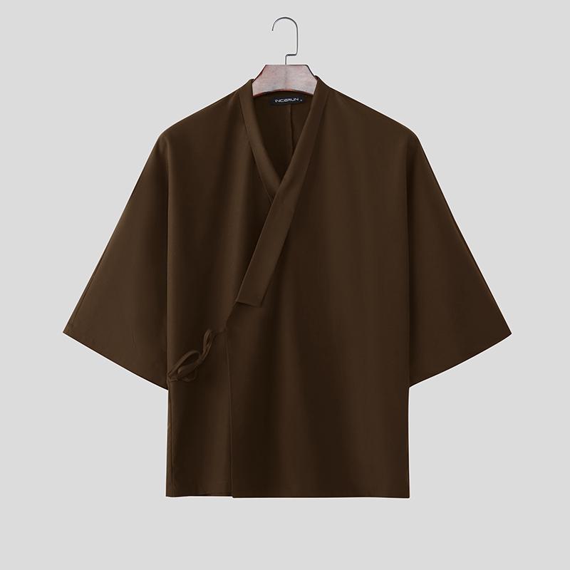 INCERUN Heren V-hals Korte Mouw Zijdelings Vetersluiting Casual Los T-shirts Tops 5XL bruin