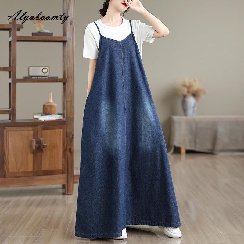 Spring Summer Women Streetwear Plus Size Sundress Spaghetti Strap Blue Denim Sleeveless Dress Vintage Washed Cotton Oversized Dress