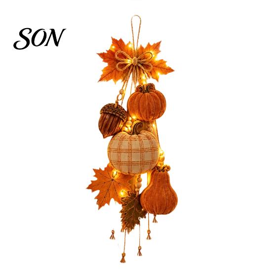 Thanksgiving Porch Hanging Rustic Pumpkin Swag, Wooden Ornament with Optional Warm Fall Fireplace Decor LED Lights, Front Door Hanger for Farmhouse