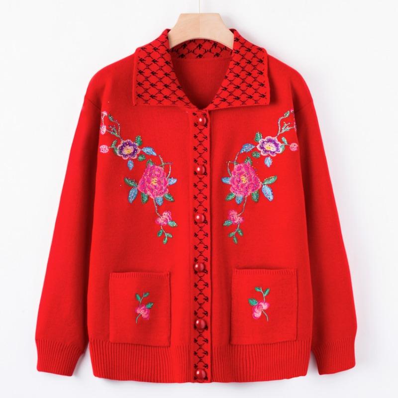 Middle-aged and Old Women's Clothing New Autumn Embroidered Sweater Jacket Grandma Knitted Sweater Lapel Top Mom Cardigan