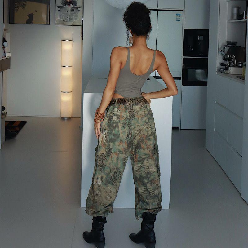 [Western Style] Gyaru Crocodile Color Overalls Women High Waist Slimming Straight Wide Leg Casual Pants