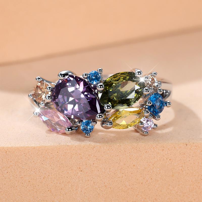 Anillos de circonita cúbica de colores de moda para mujer, anillo de dedo de color plateado, joyería para fiesta de cóctel y festival, regalo
