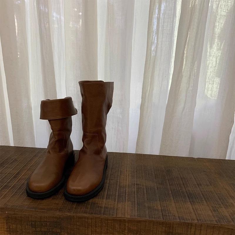 Cowhide Version~ Leather Split-ended Folded Retro Martin Boots Western Cowboy Boots Women's Platform Knight Medium Boots Short Boots