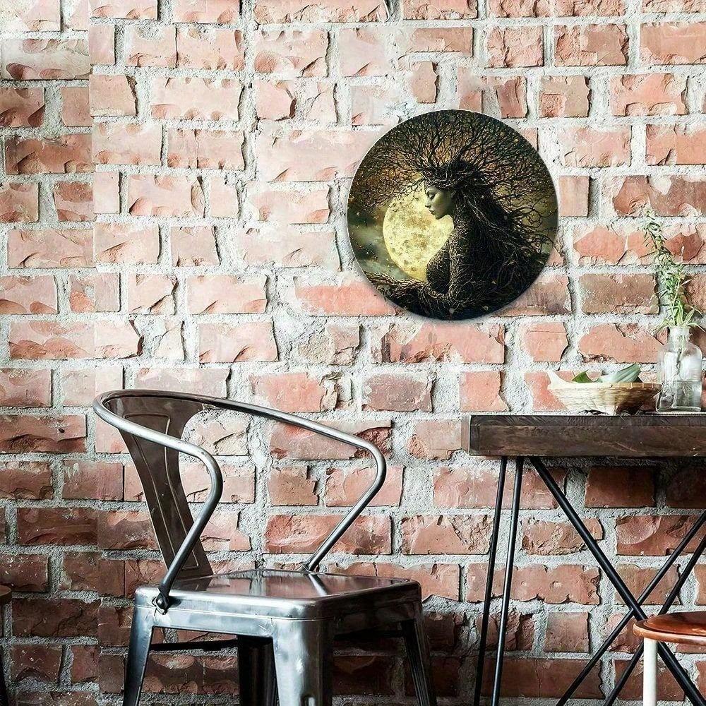 Vintage Round Metal Wall Art, Forest Goddess Moon Tree Branch Sign, Mystical Nature Home Decor for Bar Cafe
