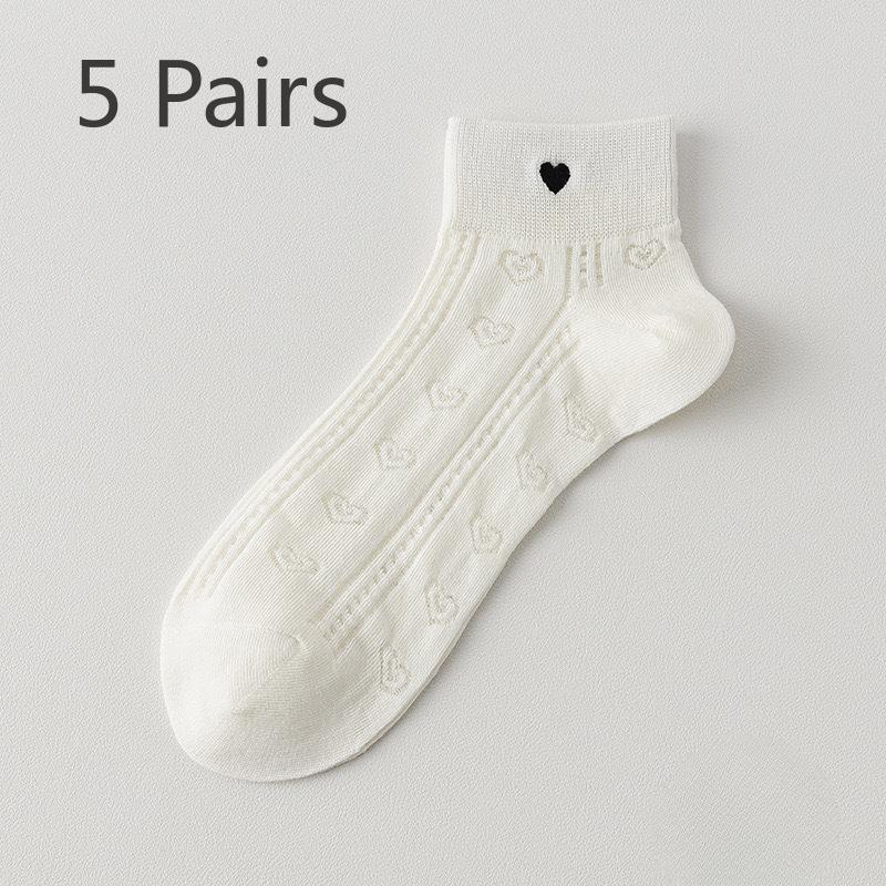 

5 Pairs Spring and Summer Socks Ladies Do Not Fall Off The Heel Sweet Love Embroidery Thin Mesh Breathable Boneless Low Short Cotton Socks One size белый