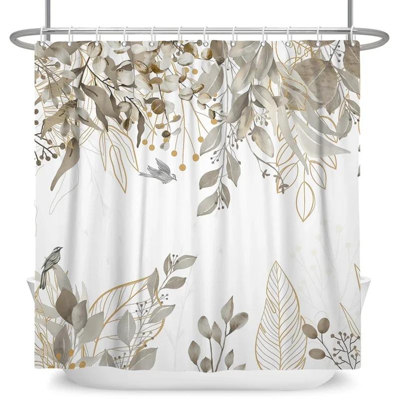 Green Eucalyptus Leaves Shower Curtains Watercolor Floral Waterproof Morden Bathroom Bathtub Curtain Room Decor With Hooks