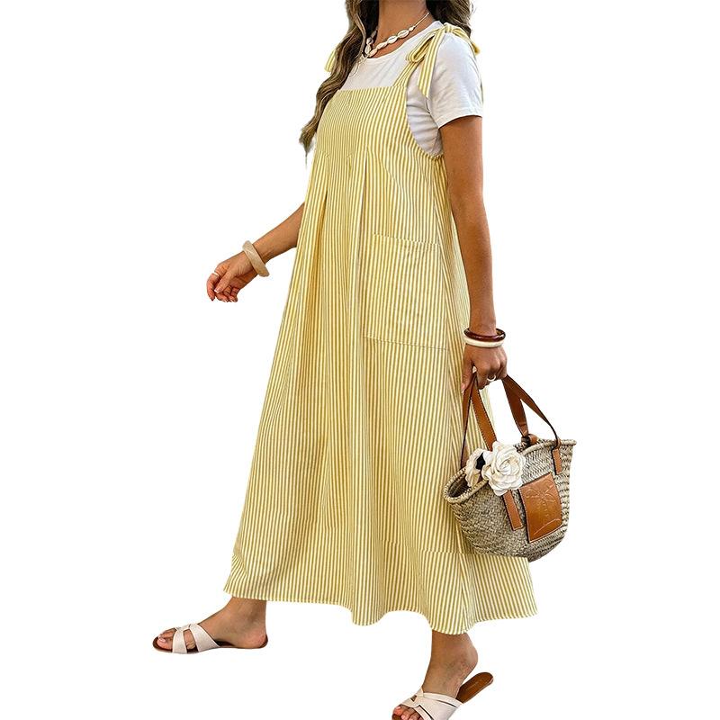 New Large-sized Relaxed Style Striped Backless Dress - Loose Fit for Slimming, Large-sized Casual Mid-length Backless Dress