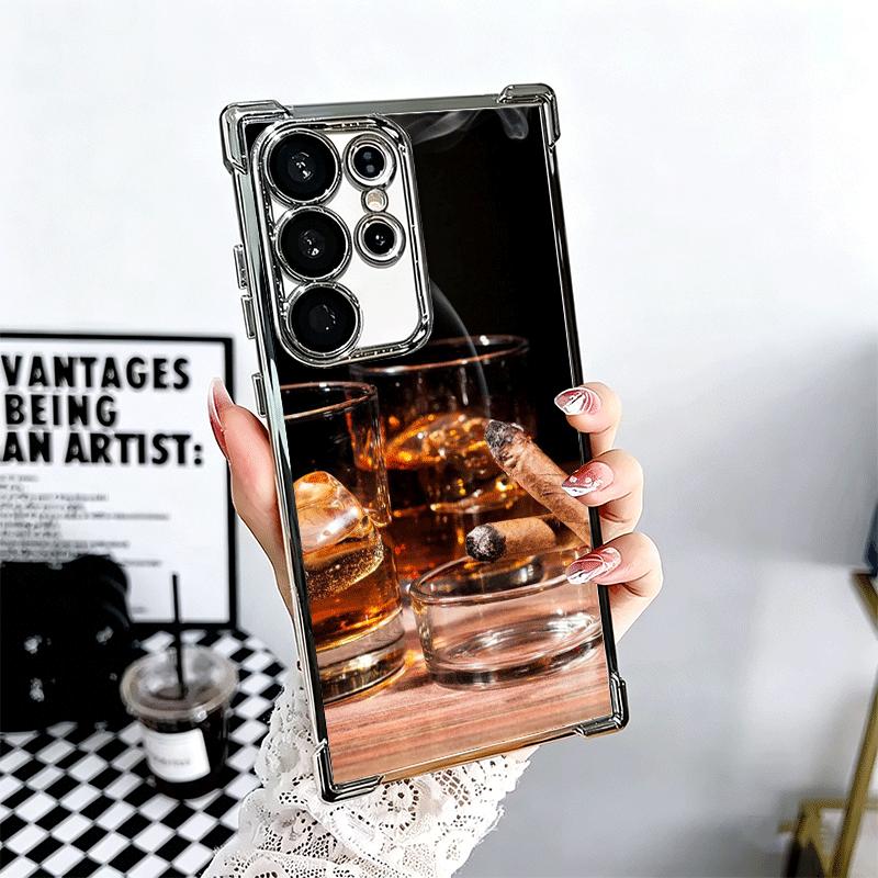 Cigar Whiskey Ice Drink Plating Phone Case For Samsung Galaxy S24 S25 FE S26 Edge S23 Ultra S22 S21 Plus S20 Anti-Fall Airabag C