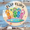 2D Flat Flip Flops Hello Summer Round Wooden Hanging Sign, Colorful Beach Themed Door Wall Decor for for Front Porch, Pool, Patio, Summer Home Decor