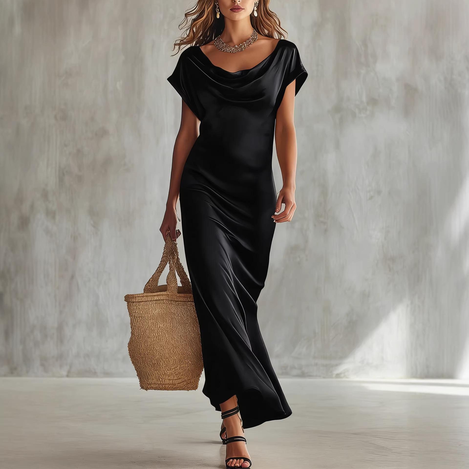 

Women s Summer Fashion Color Swing Neck Short Sleeve Elegant Long Dress M чёрный