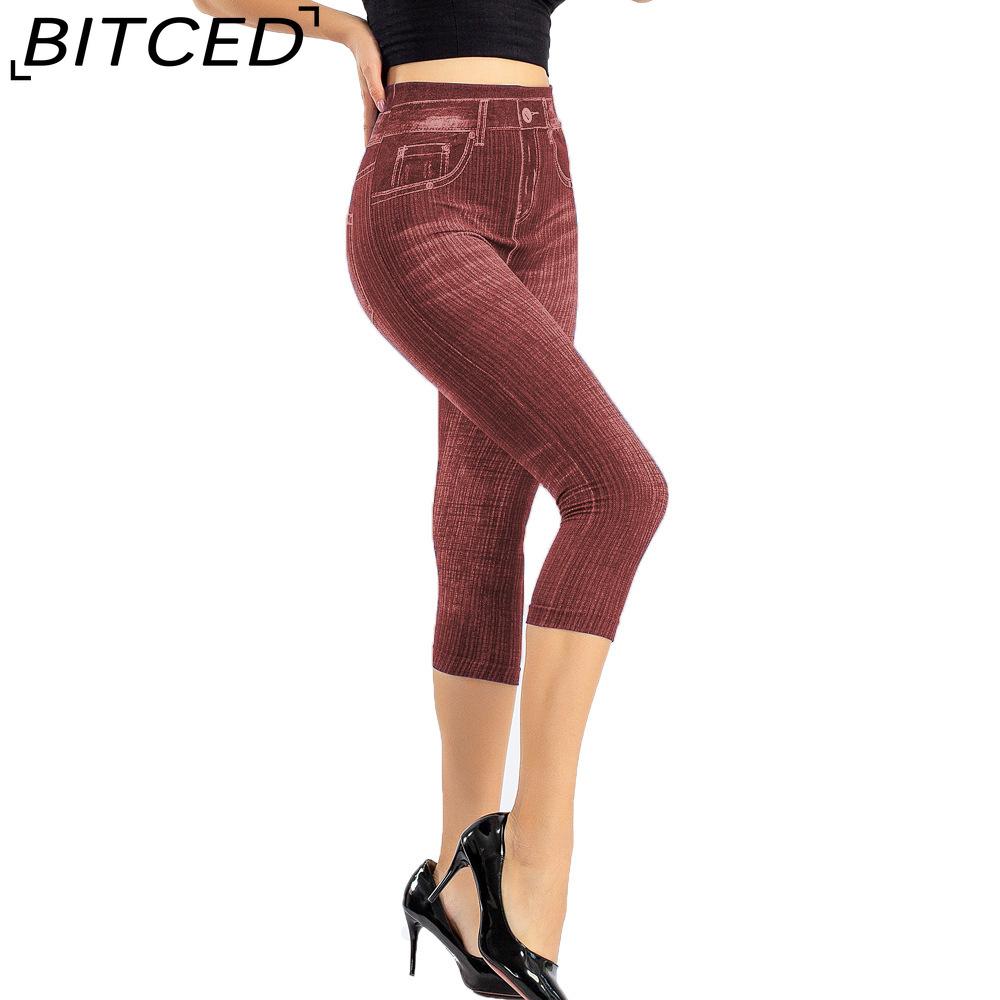 BITCED Women Denim Print Leggings Fashion Slim Leggings Faux Jeans Leggings Short Print Leggings Pants