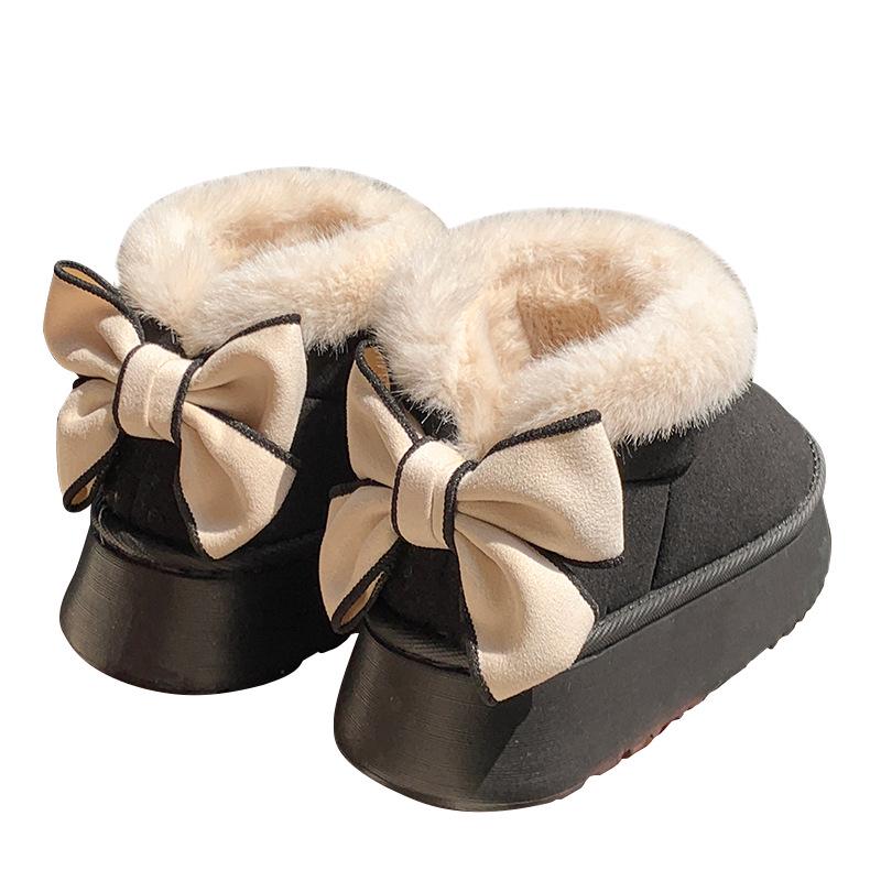 Women's Thick-Soled Cotton Slippers - Autumn/Winter Warm Velvet Snow Boots with Bow - Indoor/Outdoor All-Inclusive Heel.