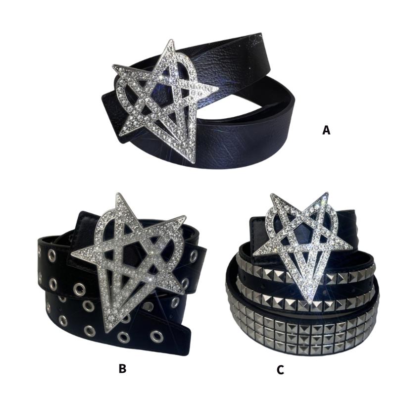 Studded Belt with Metal Eyelets PU Leather Waist Strap Band Punk Gothic Waist Sash with Star Heart Decor for Daily Wear
