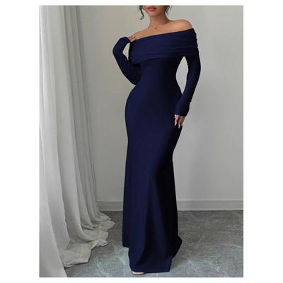 European and American Women's Clothing Cross-halter Sexy Slim-fitting One-word Neck Long-sleeved Dress Elegant Long Dress Evening Dress