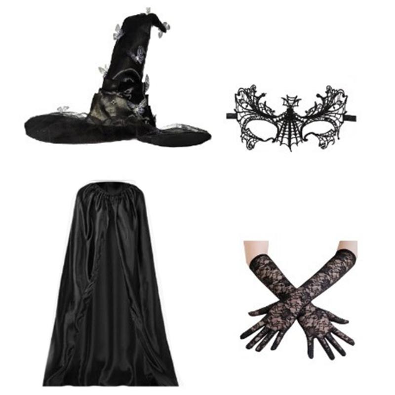 Witch Cosplay Costume Including Witch Cloak Witch Hat Eyemask and Gloves, for Girl Cosplay Party Carnivals Masquerade