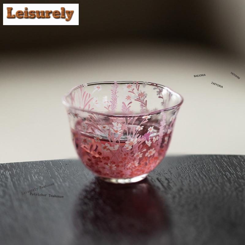11ml Pink White Flowers Glass Teacup Aesthetic Tea Bowl Single Cups Tea-tasting Meditation Cup Jianzhan Master Cups Tea Services