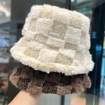 Winter Warm Bucket Hat for Women Korean Plaid Plush Thicken Fishermen Panama Cap Outdoor Basin Cap
