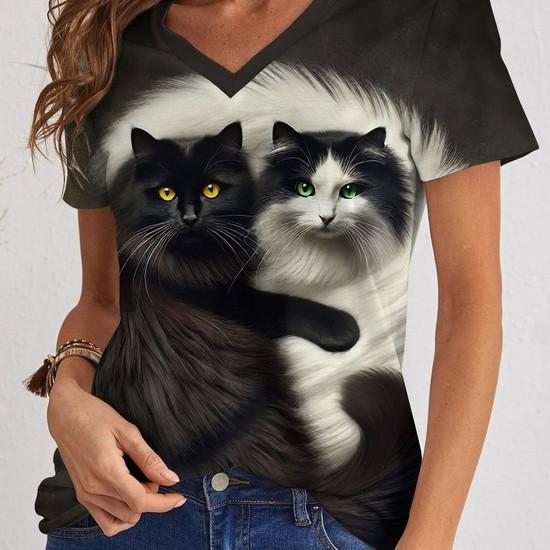 Cute Kitten T-Shirts Cat 3D Print Summer Women's Casual Short Sleeve V-Neck T Shirt Top Y2k Harajuku Tees Female Street Clothing