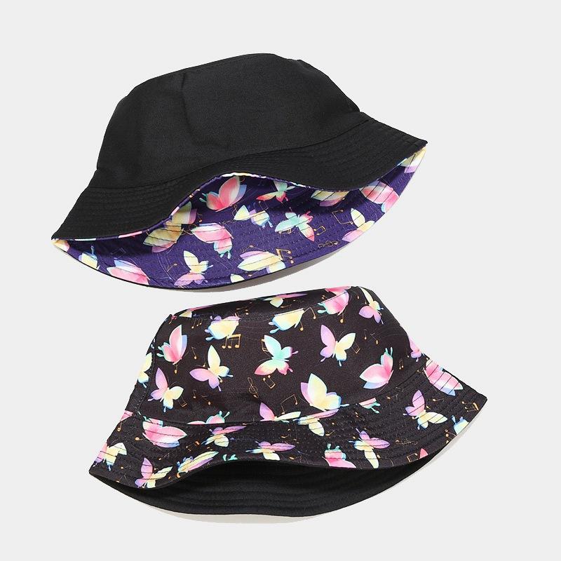 European and American creative colorful butterfly music note pattern double-sided basin hat women's tide spring and summer travel leisure shade basin