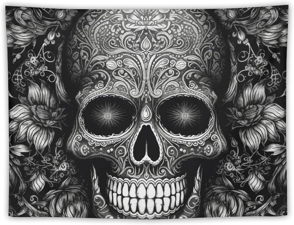 Wandbehang Schwarz-Weiß Totenkopfmuster Wandteppich für Schlafzimmer 50"x60" Vintage Wandteppiche Veranda Hängender Hintergrund Wandposter