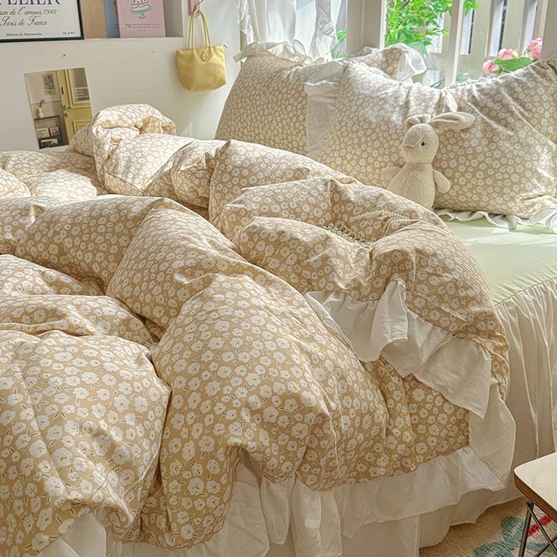 Small Fresh Pure Cotton Four-piece Set Lace Korean Version Princess Style Washed Cotton Bed Skirt Quilt Cover Cream Style Bedding