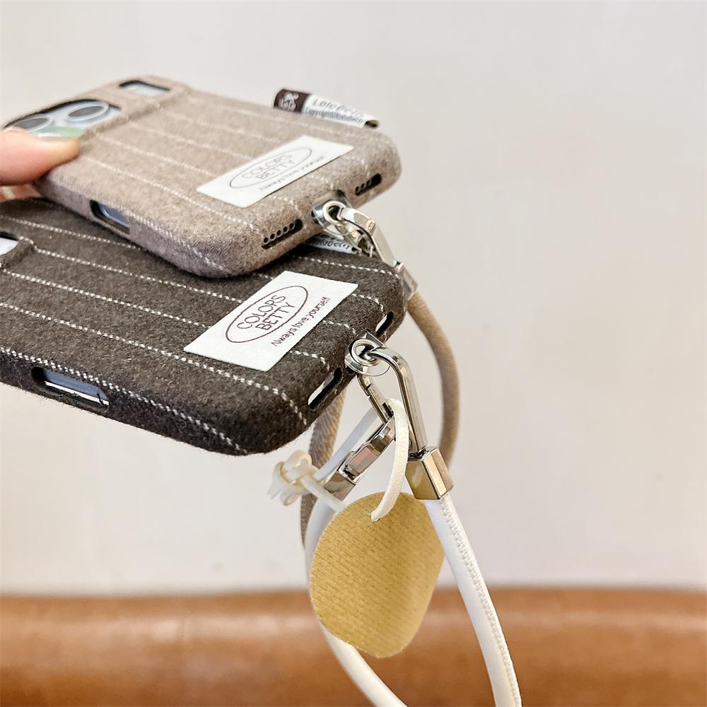 Korea ISN Simple Striped Plush Phone Case for iPhone 17 16 Pro 15 14 Pro Max 13 Cover with Lanyard Fashion Protection Funda Case