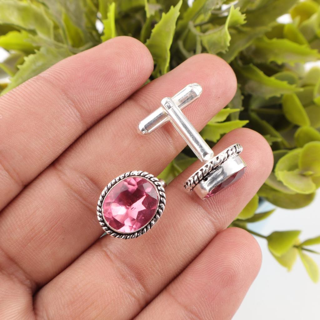 Pink Tourmaline Gemstone 925 Sterling Silver Gift Jewelry Men's Cufflinks 0.6" CL-1-7