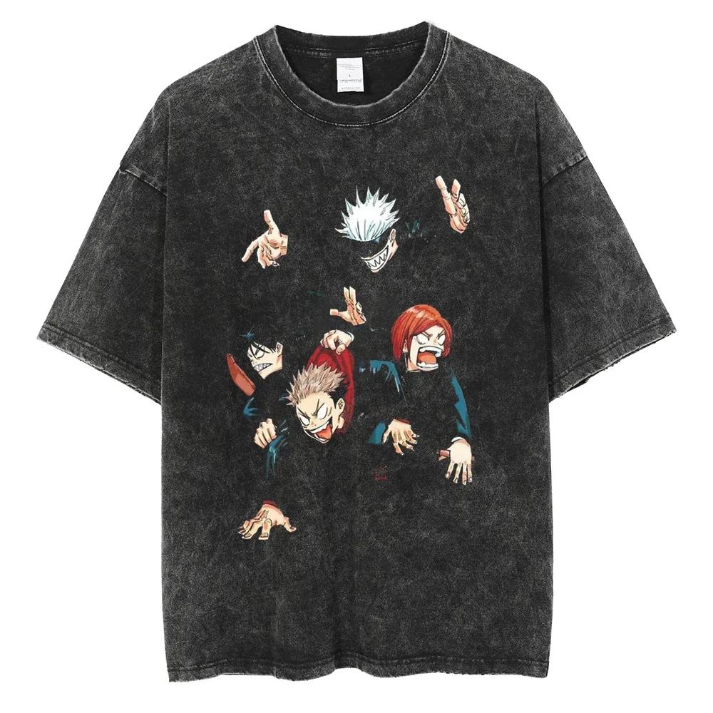Japanese Anime Jujutsu Kaisen Men Women Oversized Washed T Shirt Streetwear Print Tshirt Casual Cotton Tee Loose Retro T-Shirt