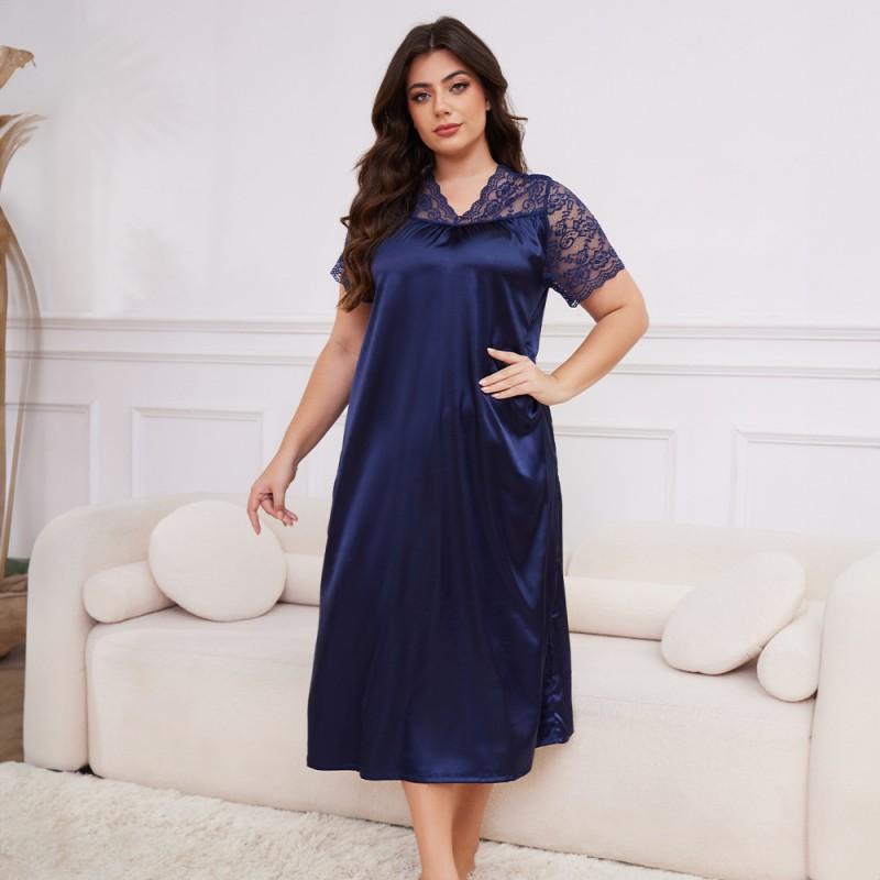 Plus Size Womens Lightweight Satin Sleep Dress With V-Neck Short Sleeve Loose Nightgown Home Wear