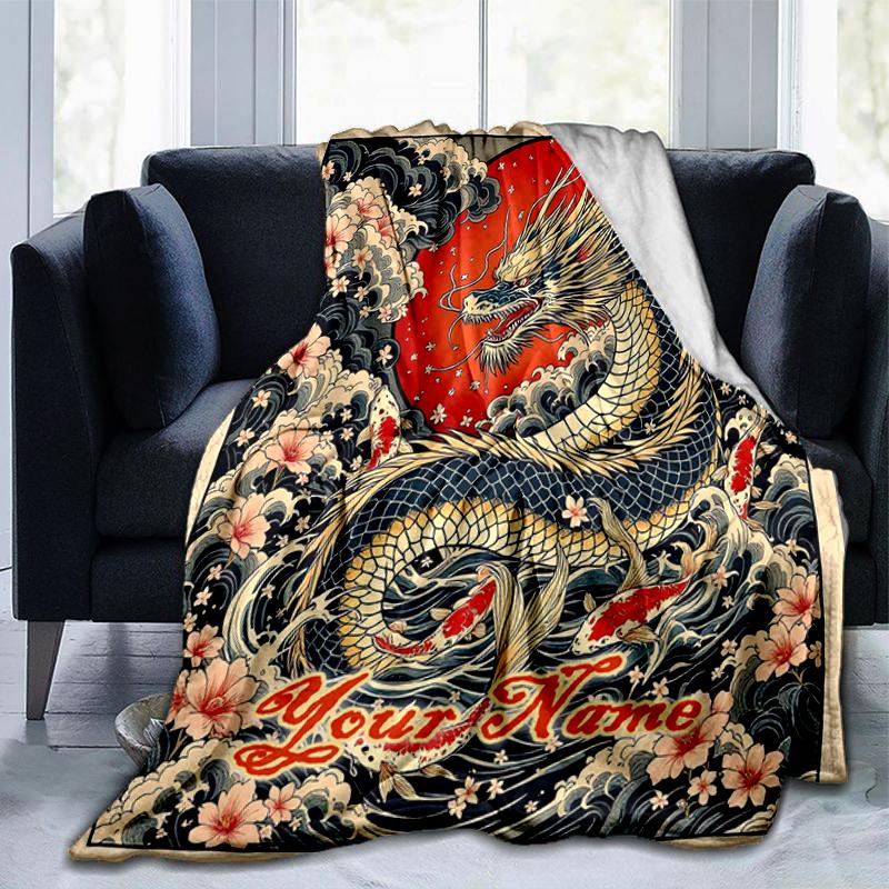 1PC Custom Name Dragon Flowers Tattoo flannel blanket versatile,all-season throw suitable for the living room,bedroom,camping,travel,and gift