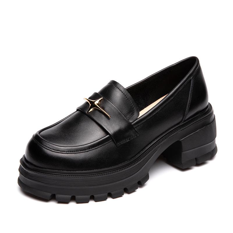 The first layer of cowhide loafers for women's spring and autumn new thick-soled casual versatile black thick-soled muffin shoes single shoes for wome